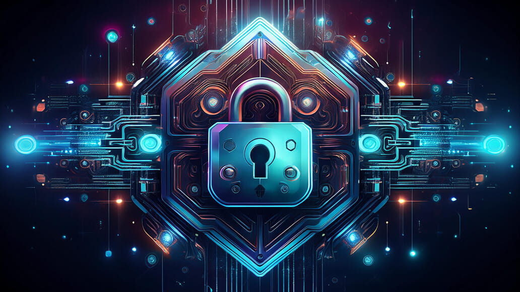 Digital illustration featuring a padlock at the center of a complex network of circuits and lights, symbolizing cybersecurity and data protection.