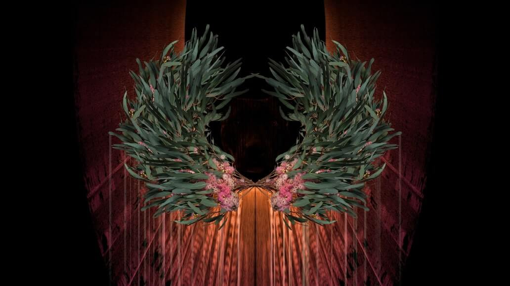 Abstract design featuring mirrored green leaves and pink flowers against a dark background with reddish-brown vertical lines. A piece in the Furari Flores exhibit.