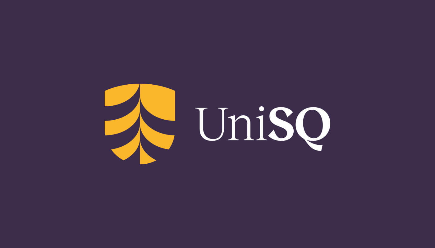 UniSQ logo featuring a gold tree design next to the text "UniSQ" on a dark purple background.