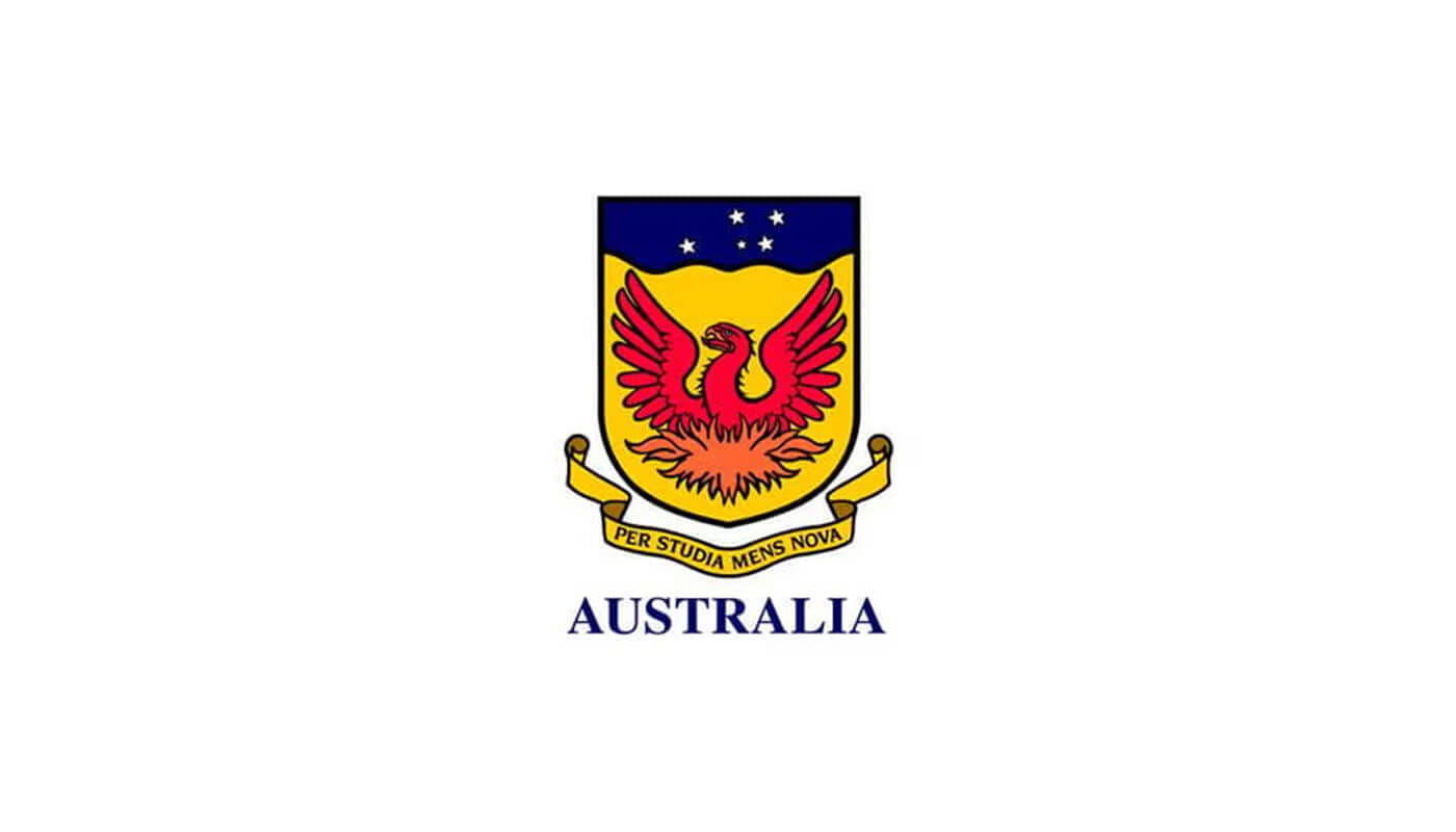 Australian National University logo featuring a Phoenix on a shield with stars above it and a banner reading "Per Studia Mens Nova" underneath. Below the emblem, the word "Australia" is displayed.