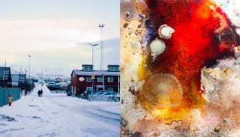 Left: A snowy street scene with a few people walking. Right: An abstract painting with vibrant reds, yellows, and textured patterns.