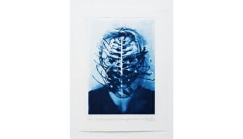 A blue-hued artwork depicting a person's face obscured by an intertwined, abstract structure resembling branches.