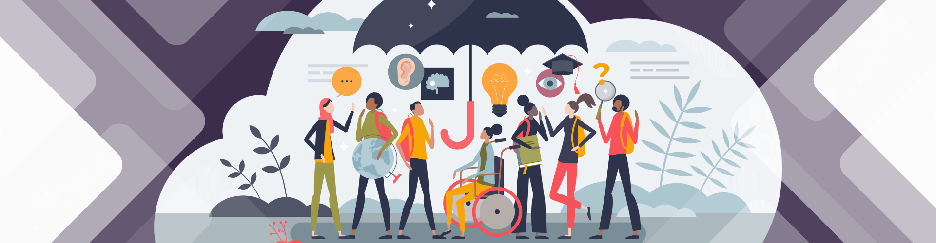 Illustration of diverse professionals interacting under a large umbrella. Includes elements like a globe, gears, and academic symbols.