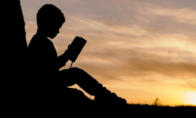 Silhouette of a child sitting against a tree while reading a book at sunset.