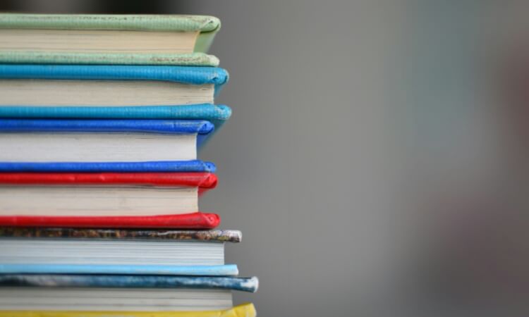 A stack of hardcover books with colorful spines against a blurred gray background.