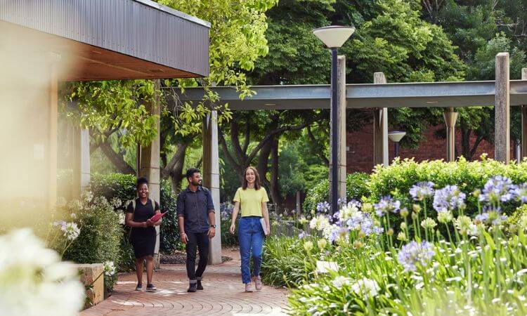 Three people walk along a garden path lined with greenery and flowers, under a metal and wood pergola, on a sunny day.