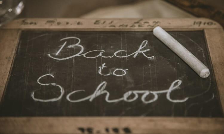 A chalkboard with the words "Back to School" written on it in white chalk, with a piece of chalk resting on the board.