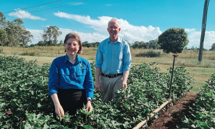 Two people standing in a field of plants under a blue sky. They are both wearing blue shirts and smiling at the camera.