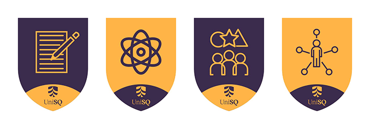 Four UniSQ icons in gold and purple: a notepad and pencil, an atom, a group of people with stars, and a connected figure representing various fields of study.