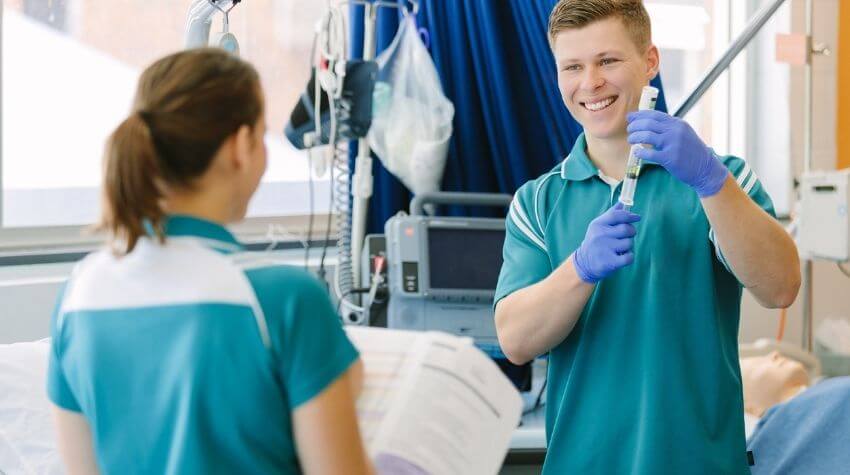 Healthcare professionals working in a hospital setting.